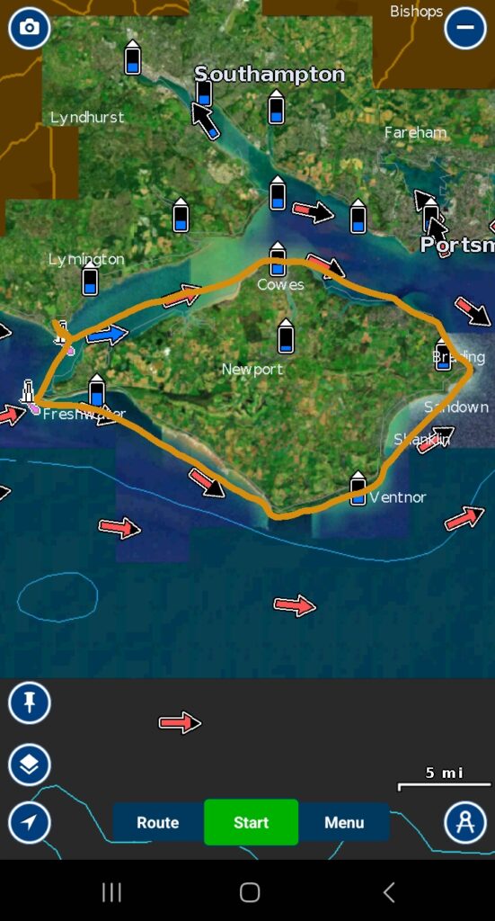 a picture of the map of isle of wight and the rute a kayaker took when navigating around the entire isle of wight coast